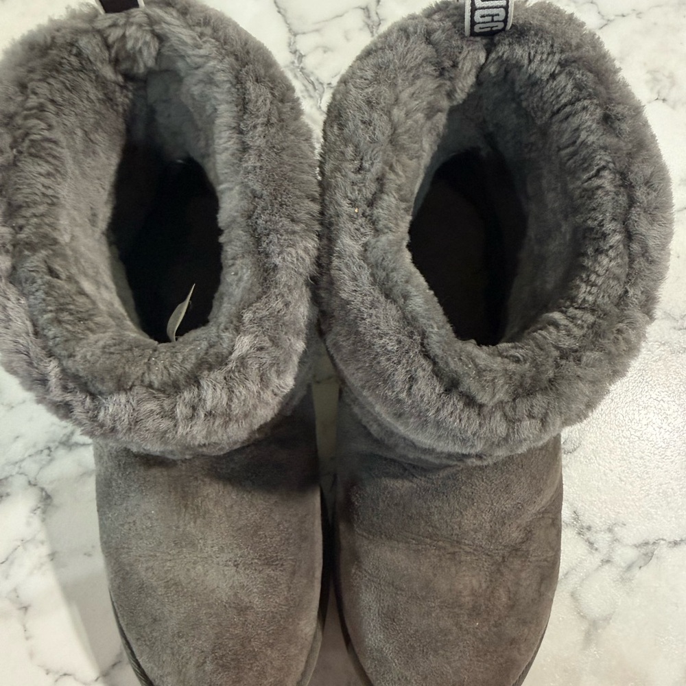 UGG Mini Fluff Quilted Cuff Charcoal Gray Suede Sheepskin Boots Size 8 Women - Picture 5 of 5